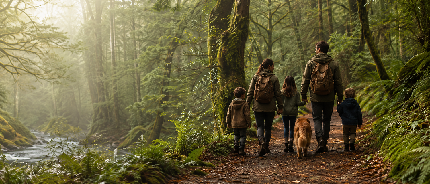 Familia con golden retriever caminando por bosque del sur de Chile — SouthBites snacks naturales para perros
